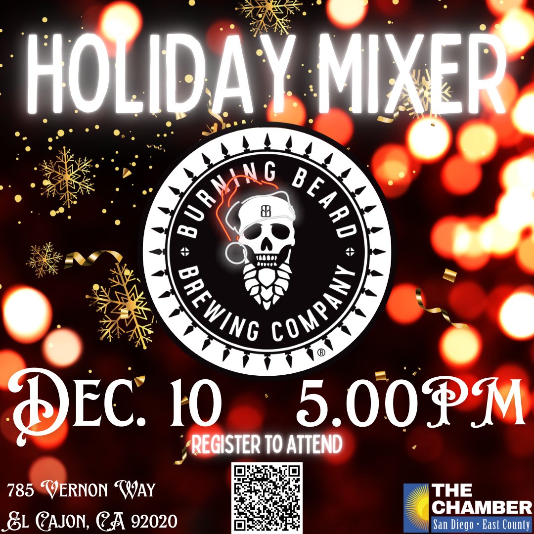 sdeccc's tweet image. Let&apos;s celebrate the holiday season and network after work with Burning Beard Brewing! Enjoy a complimentary beverage and food with The Chamber! 🎅

RSVP: ow.ly/5EbA50XAqiZ

#SDECCC #ChamberEvents #ChamberSupport #ElCajon #SanDiegoBusiness #SanDiegoNetworking