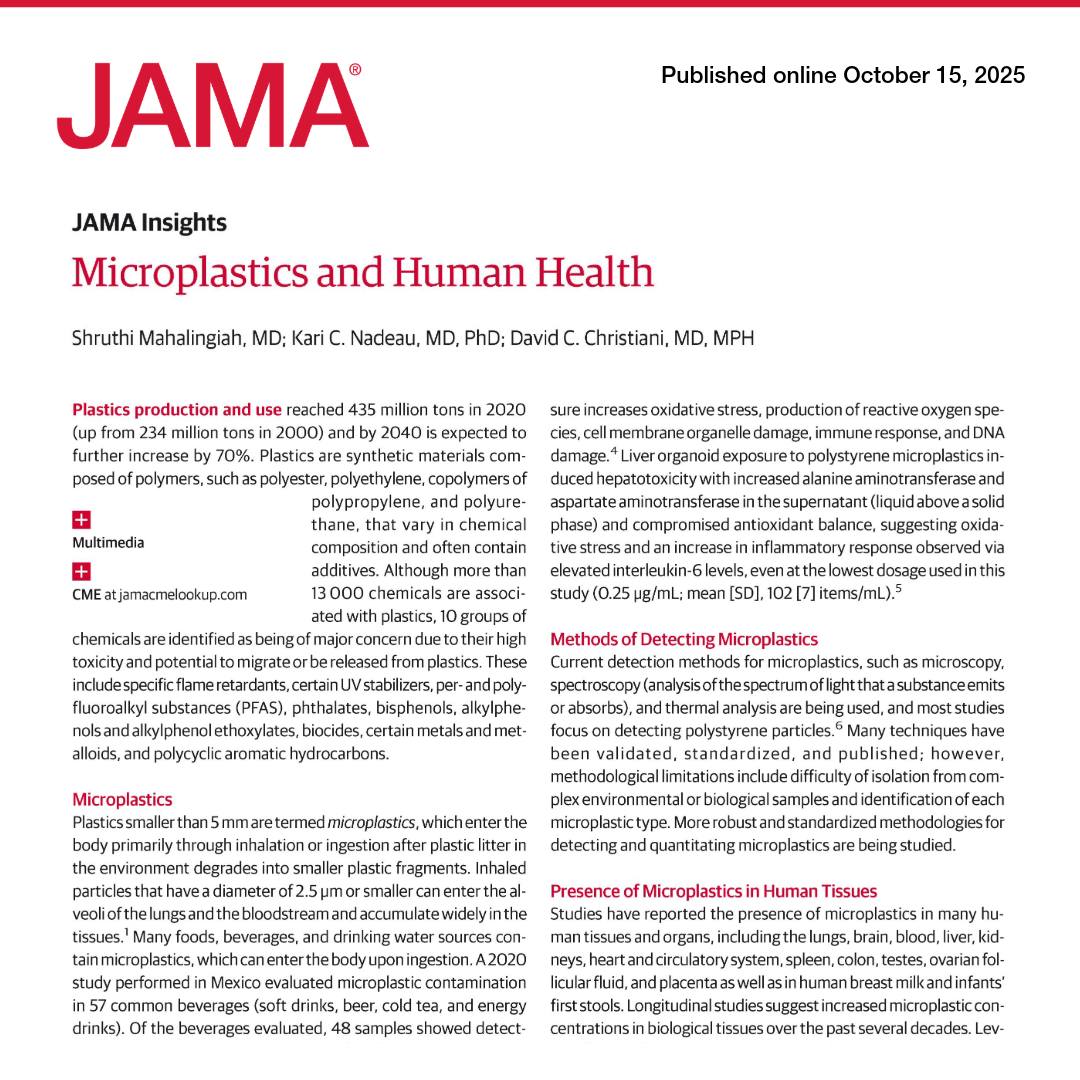 JAMA_current's tweet image. #Microplastics are increasingly detected in human tissues, with potential links to cognitive, cardiovascular, and inflammatory outcomes.  

💡 Learn more in this JAMA Insights: ja.ma/4ofMIgV