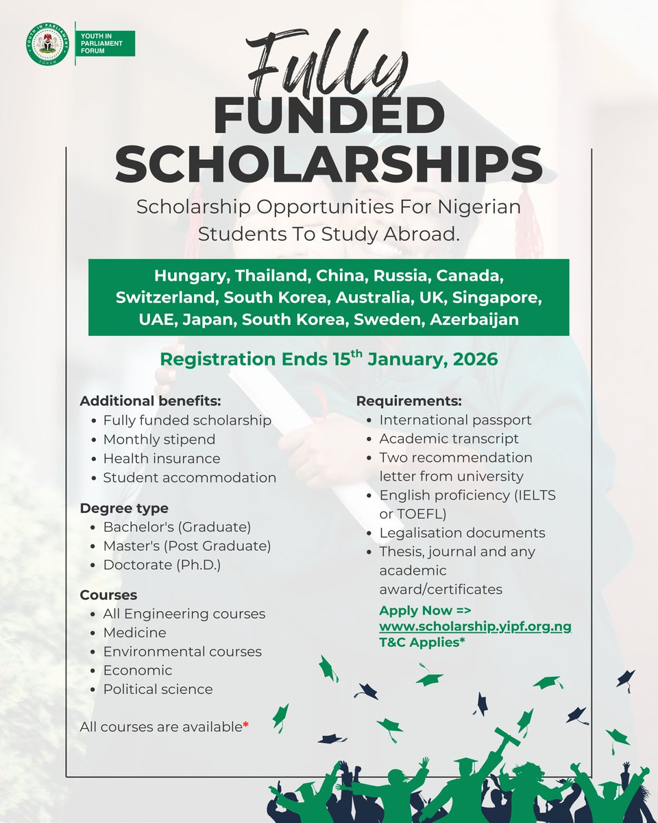 Your dream of studying abroad doesn’t have to stay a dream.

YIPF is offering fully funded scholarships for Nigerian students to study in top countries — including Canada, UK, Australia, China, Russia, Japan, South Korea, UAE, Switzerland, and more.