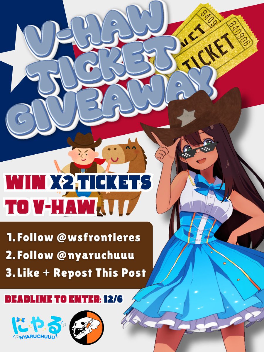 🎟V-HAW TICKET GIVEAWAY🎟

Win a pair of tickets for you and your partner to V-Haw on December 13th in Fort Worth, TX 🤠🐴

1. Follow <a href="/wsfrontieres/">Wota Sans Frontieres</a> 
2. Follow <a href="/nyaruchuuu/">𝙉𝙮𝙖𝙧𝙪 💫💙 にゃる ➜ Holmat 🎄🚂</a> 
3. Like ♥ + Retweet ♻ This Post

📅Deadline to Enter: 12/6
#AnimeFrontier