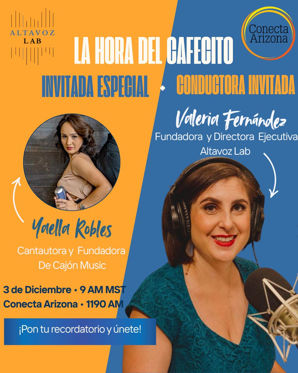 Altavoz_Lab's tweet photo. 📢 Este 3 de diciembre, @valfernandez, nuestra fundadora, será anfitriona de La Hora del Cafecito de @ConectaArizona, y anunciará nuestro evento del 17 de diciembre en honor a Nick Oza y la Beca Visual para fotoperiodistas emergentes y de mediana carrera. 📻 ¡Anótalo!#AltavozLab https://t.co/jKeEZ4F37h