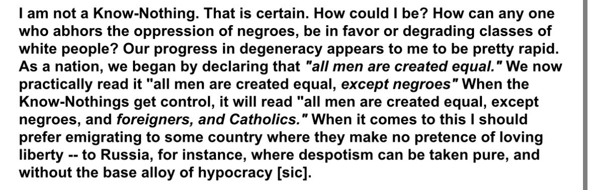 ReichlinMelnick's tweet image. Abraham Lincoln would have beaten whoever wrote this into the ground. 

He despised anti-immigrant bigots who declared that certain foreigners were unworthy to come here; unworthy to be treated as equals under our Declaration of Independence. Here’s what he wrote in  1855.