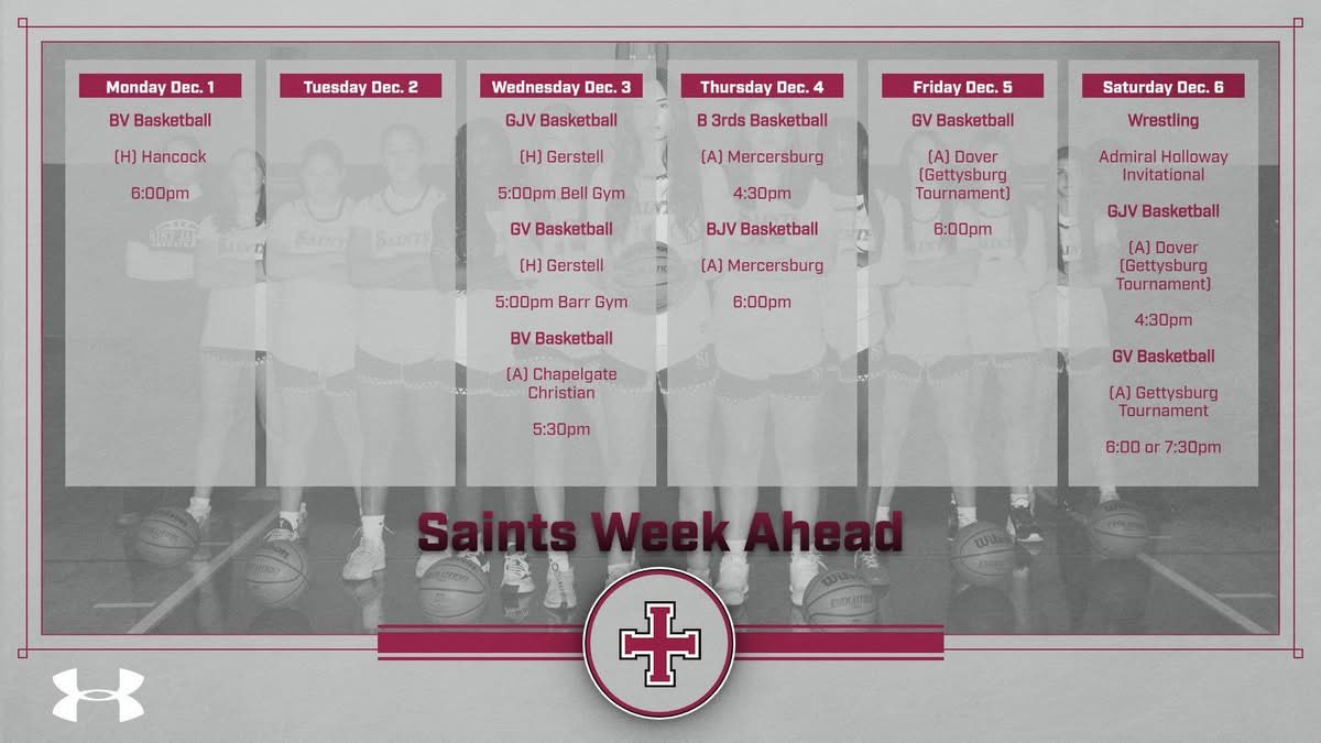 CoachMullendore's tweet photo. Tough week ahead for Girls Basketball. We’re ready for the challenge! #saintsnation https://t.co/1tqwdfxnQl