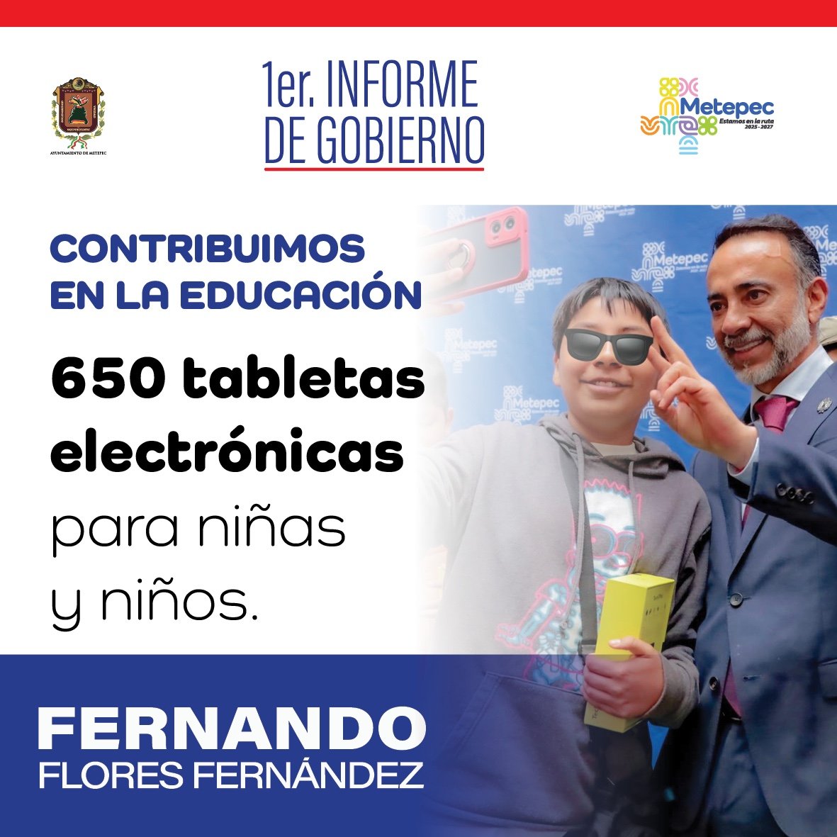 El 1er Informe de Gobierno de Fernando Flores Fernández está aquí.

 Conoce los logros y avances de nuestro gobierno en beneficio de Metepec.

 #1erInformeDeGobierno #FernandoFloresFernández #MetepecAvanza
 #4Años #MetepecBrilla #CiudadanosGobernando #EstamosEnLaRuta