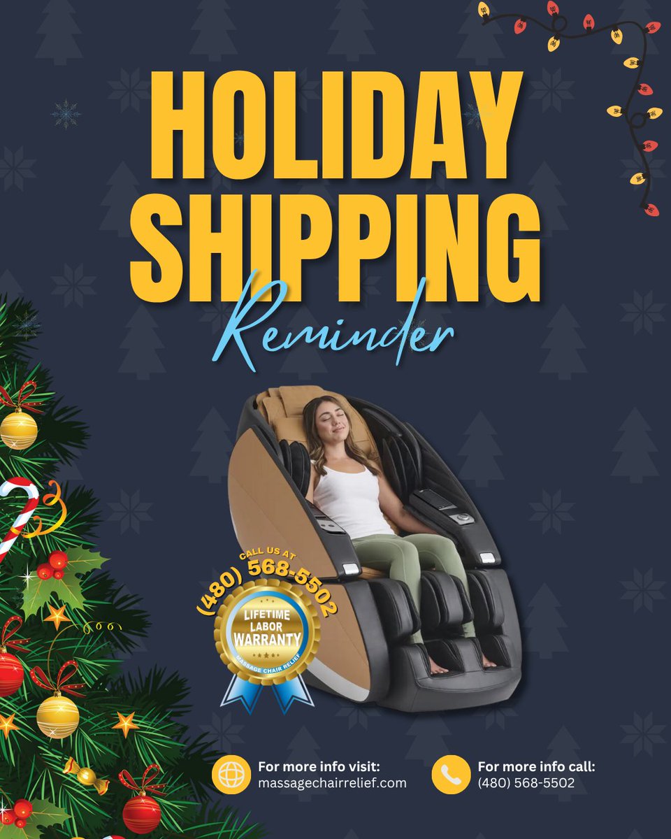 Holiday shipping fills up fast. Order your massage chair early so it arrives on time and without the stress.

👉 Visit: …ersguide.the-massage-chair-relief.com/your-massage-c…
📞 Call: 480-568-5502

#holidayreminder #massagechair #holidaygifts #relaxathome #selfcaretools #homespa #stressrelief #shoppingtips