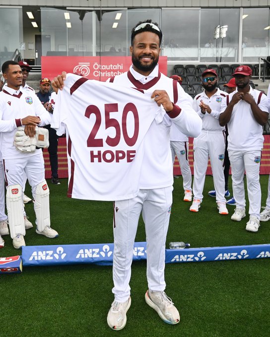 Shai Hope crosses the line for the 250th time in international cricket. 