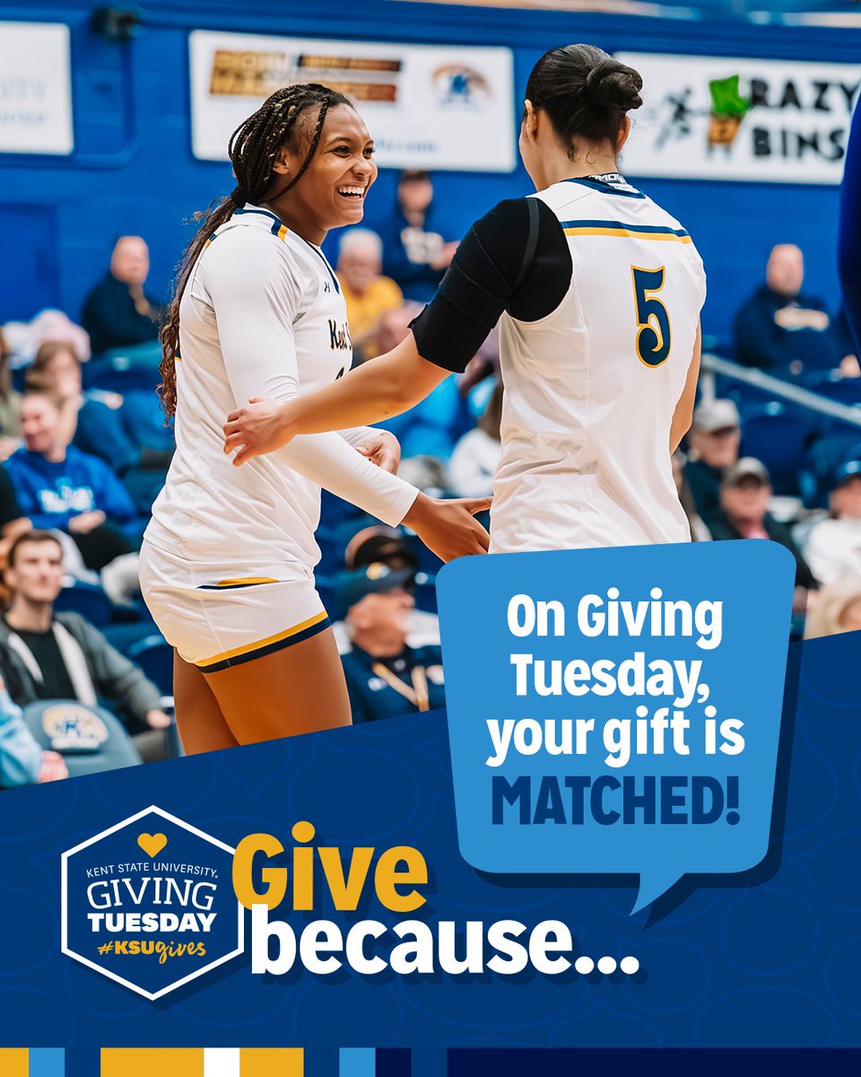 KentStWBB's tweet image. Giving Tuesday is here! There’s still time to make an impact. All gifts will be matched dollar for dollar, up to $1,000 per donor, while matching funds last. Don’t miss your chance to double your impact and support Kent State WBB today! ⚡ 

🔗 KentStateSports.com/GTWBB