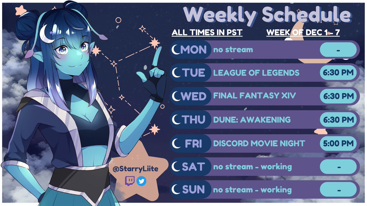 ✨WEEKLY SCHEDULE✨
december 1st - 7th

🎨sched design: @/LilacsWrath 
🎨character art: @/Nogatsu1