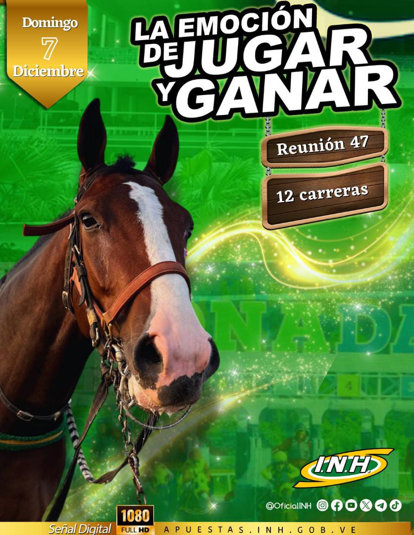 OficialINH's tweet photo. #ProgramaciónINH 📄 🐴| 

▪️ Este domingo 7 de diciembre en el Hipódromo Internacional  La Rinconada🏇, disfrutaremos de 12 emocionantes carreras 🏇. 

¡Sella tu 5y6 🥇🐴! 

▫️ Inscritos aquí

👉 https://t.co/w9ELO4LNND

#Hipismo 🐴 https://t.co/eiSqvkfdoX
