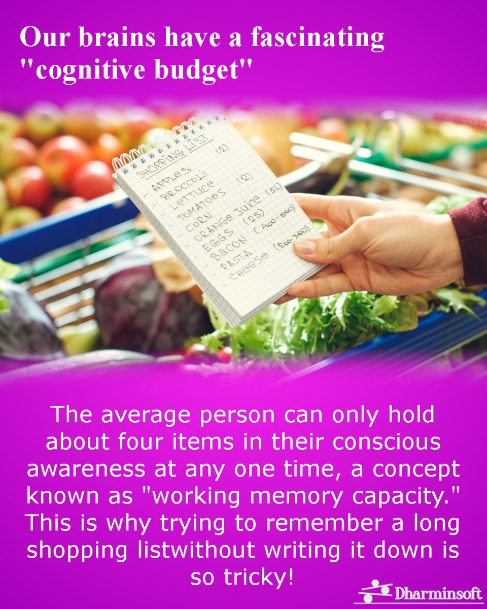 dharminsoft's tweet image. Your brain&apos;s &quot;cognitive budget&quot; is limited—working memory can only hold ~4 items at a time. Hence, the struggle with un-written shopping lists! #Psychology #BrainScience #WorkingMemory #Neuroscience #MindBlown