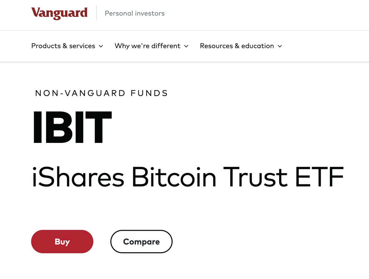 BitcoinMagazine's tweet image. JUST IN: $11 trillion Vanguard lists BlackRock, Fidelity, VankEck, and other #Bitcoin ETFs on its website for clients to trade tomorrow 🙌