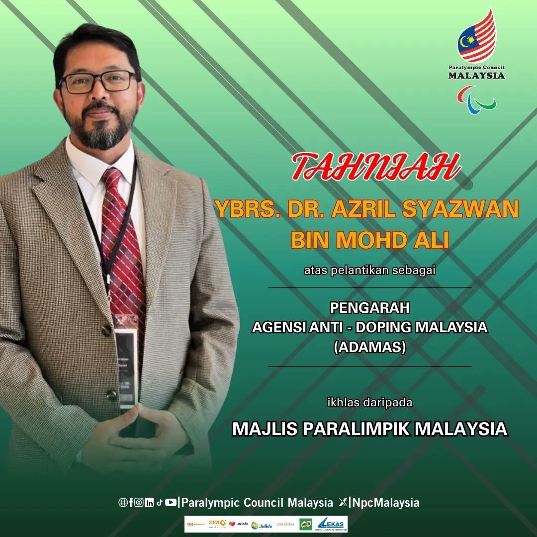 NpcMalaysia's tweet image. Majlis Paralimpik Malaysia mengucapkan tahniah kepada YBrs. Dr. Azril Syazwan bin Mohd Ali atas pelantikan beliau sebagai Pengarah ADAMAS yang baharu, berkuat kuasa 1 Disember 2025.

#ParalympicCouncilMalaysia #PCM #ADAMAS