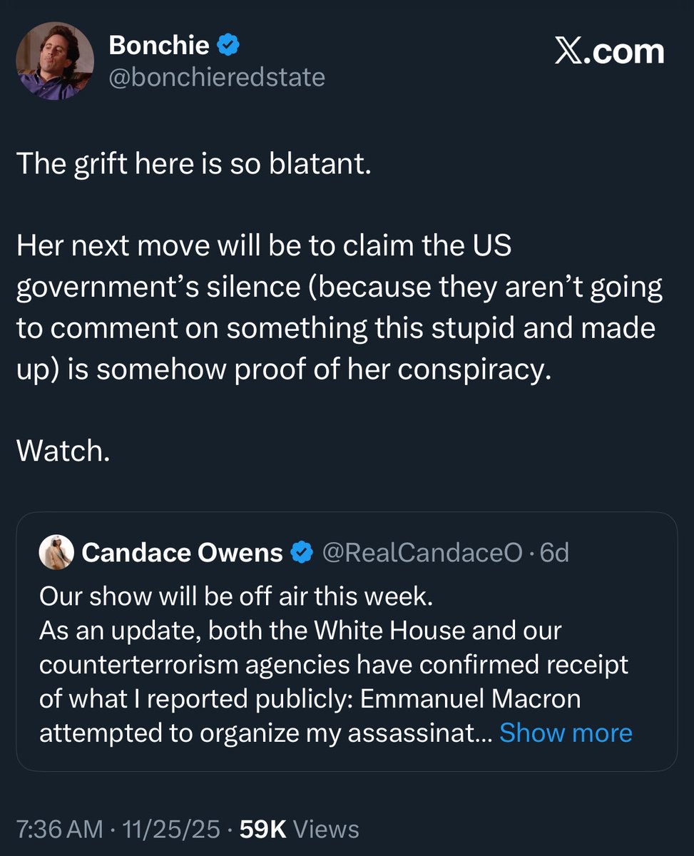 bonchieredstate's tweet image. As predicted, Candace Owens is now claiming that the FBI and White House not responding to her baseless, deranged conspiracy claims is evidence in support of them.