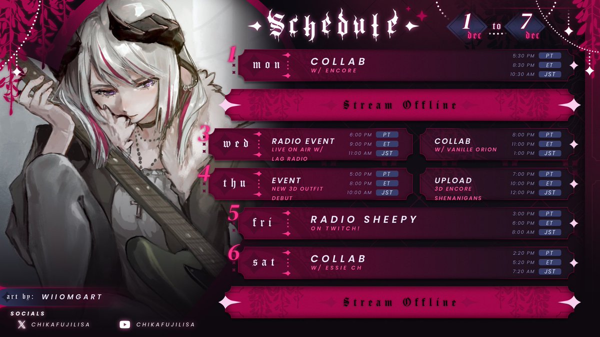 chikafujilisa's tweet photo. ❤️‍🩹 Weekly Schedule 12/1 - 12/7 ❤️‍🩹
General #ChikafujiLisa
Live #sheepylive
Art #chikafujillust (#L18SA)
Music #lisalullaby
Meme #sheeposting https://t.co/YsbBBIN3zH
