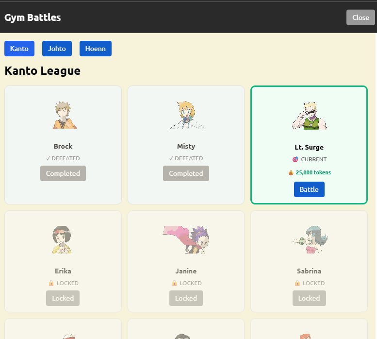 Solkemon1's tweet photo. So, I finally fixed the gyms. 

Now, to enter a gym, you need to pay 25,000 $solkemon tokens to the gym leader.

For a victory, you receive

the first 5 leaders for defeating each 3 Poké Balls + a victory case

For the second 5 leaders, you receive 3 regular + 2 great balls

For the next 3 regular balls, you will receive 2 great balls and 1 ultra ball. 

That is, for each victory, you will receive 3 Poké Balls or more + a victory case. 

854Bx346XdgLZbcRn1bFewGEFgUcjAu3QEBHjuoopump