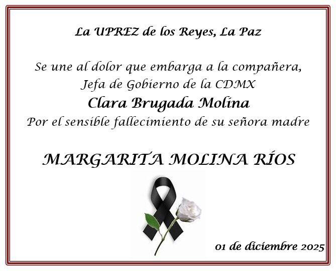 uprez's tweet image. La UPREZ de los Reyes la Paz se une al dolor que embarga a la compañera, jefa de gobierno de la CDMX, Clara Brigada Molina, por el sensible fallecimiento de su señora madre Margarita Molina Ríos.
Enviamos nuestras más sinceras condolencias.