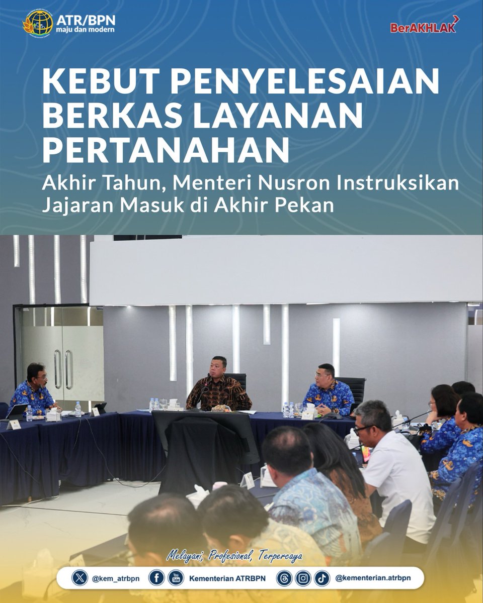 kem_atrbpn's tweet image. KEBUT PENYELESAIAN BERKAS LAYANAN PERTANAHAN Akhir Tahun, Menteri Nusron Instruksikan Jajaran Masuk di Akhir Pekan

Berita selengkapnya, kunjungi:
atrbpn.go.id/berita/kebut-p…

#KementerianATRBPN
#MelayaniProfesionalTerpercaya
#MajuDanModern
#MenujuPelayananKelasDunia