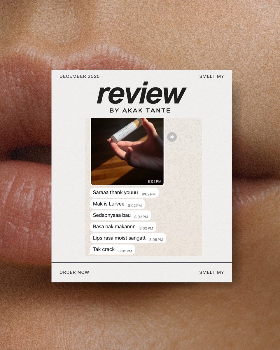 Pagi - pagi dapat review daripada first ever customer kitaa

Bahagia jee rasa hati ni 

Lip balm kita memang formulate utk moistkan bibir yg kering lagi-lagi kalau memang kerja kat aircond

Nak beli. Tekan link bawah 👇🏻

🔗 s.shopee.com.my/9pWwPY4m3d