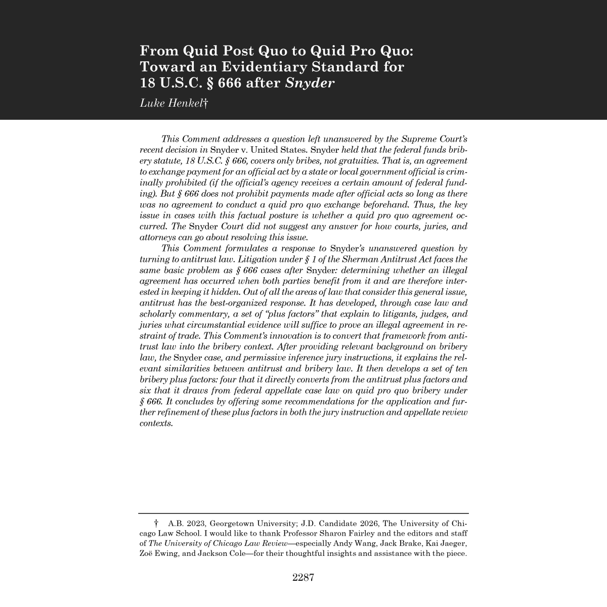 UChiLRev's tweet photo. @adamsonofdavid @DeborahNArcher @LukeAHenkel @LukeAHenkel outlines ten "plus factors," drawn from antitrust law, that can prove quid pro quo bribery via circumstantial evidence in light of Snyder v. United States. https://t.co/gKgbga6ltS