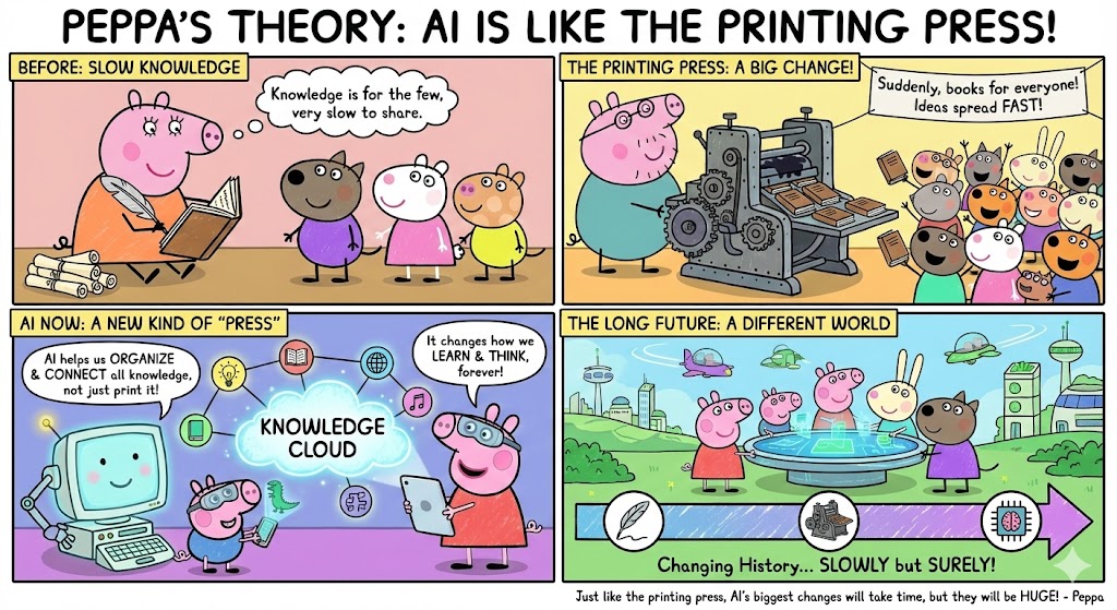 KakarLou's tweet image. The best analogy for AI isn&apos;t the internet or electricity. It&apos;s the Printing Press.

This image (funny as it is) nails the reality:
# It’s structural: It changes how we access and process truth.

# It’s long-term: The impact is slow, but it rewrites history.
#DeepTech #AI