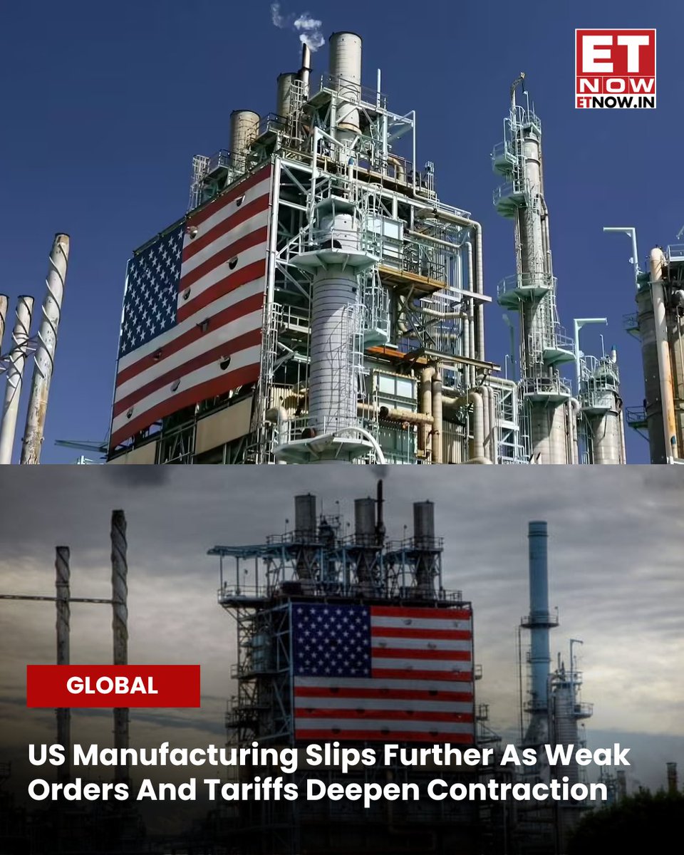 ETNOWlive's tweet image. #NewsAlert | US manufacturing shrank for the ninth month in November, with ISM PMI down to 48.2 as factories face weak demand, rising costs and tariff-related stress, prompting some firms to link layoffs directly to trade pressures

#USManufacturing #ISM #PMI #Economy
