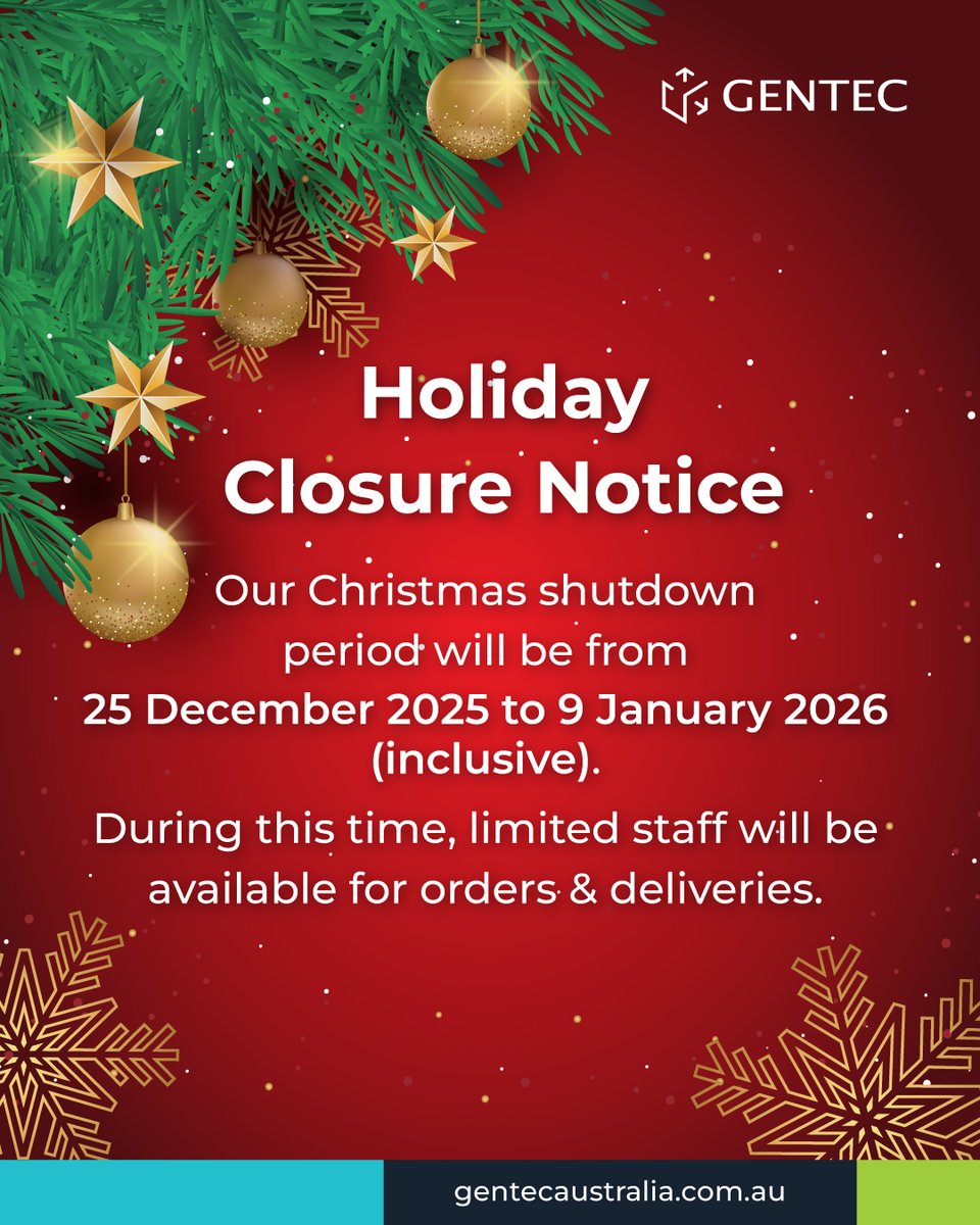 Please note our Christmas shutdown period: 
🔹Last working day for all office staff: Wednesday, 24 December 2025  
🔹Limited staff will be available for order &amp; deliveries: Thursday, 25 December 2025 - Friday, 9 January 2026 
🔹Office and deliveries reopen: Mon, 12 January 2026.