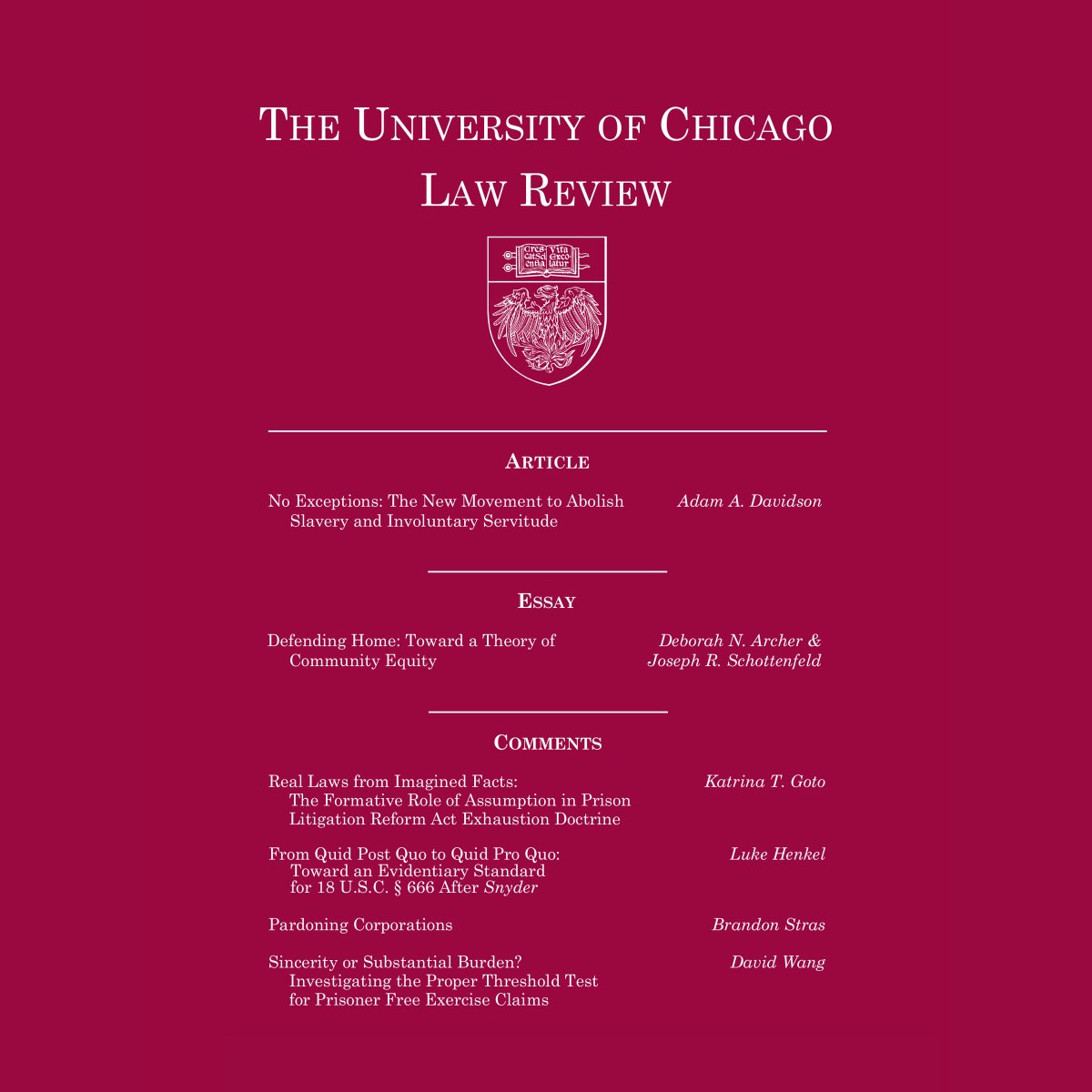 UChiLRev's tweet photo. Volume 92.8 is now live, featuring pieces by @adamsonofdavid; @DeborahNArcher &amp; Joseph R. Schottenfeld; Katrina T. Goto; @LukeAHenkel; Brandon Stras; and David Wang. You can find them all here: https://t.co/MAheJUTquU. https://t.co/amNxJYJRJL