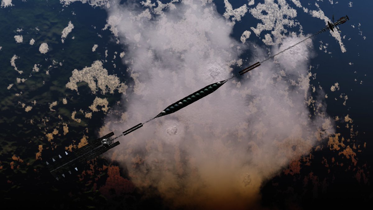 Tygget's tweet image. Say hello to the ISV Korpheus, the 784 part, 1.4km long interstellar colony ship from my latest KSP career save. It&apos;s got a cruising speed of 10% c and carries two torch ships, a pair of powerful landers, and everything needed to start a self-sustaining colony around another star