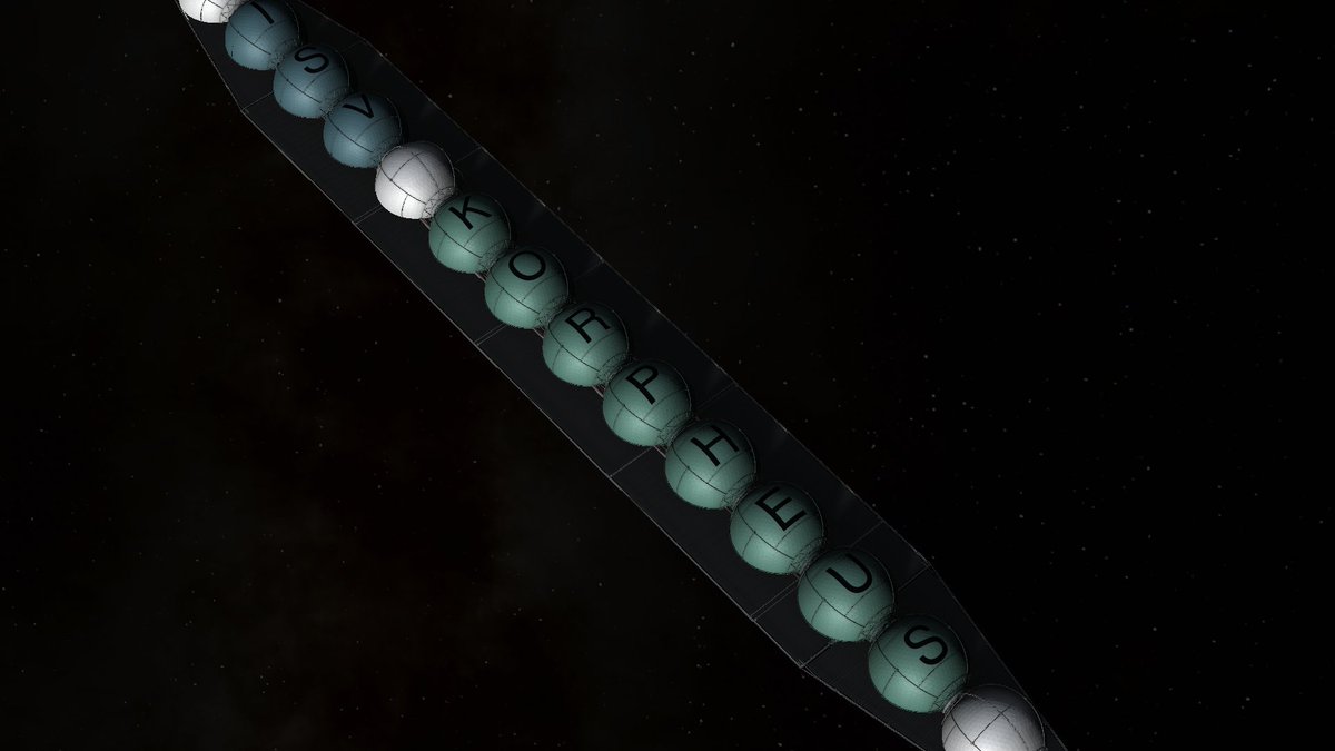 Tygget's tweet image. Say hello to the ISV Korpheus, the 784 part, 1.4km long interstellar colony ship from my latest KSP career save. It&apos;s got a cruising speed of 10% c and carries two torch ships, a pair of powerful landers, and everything needed to start a self-sustaining colony around another star