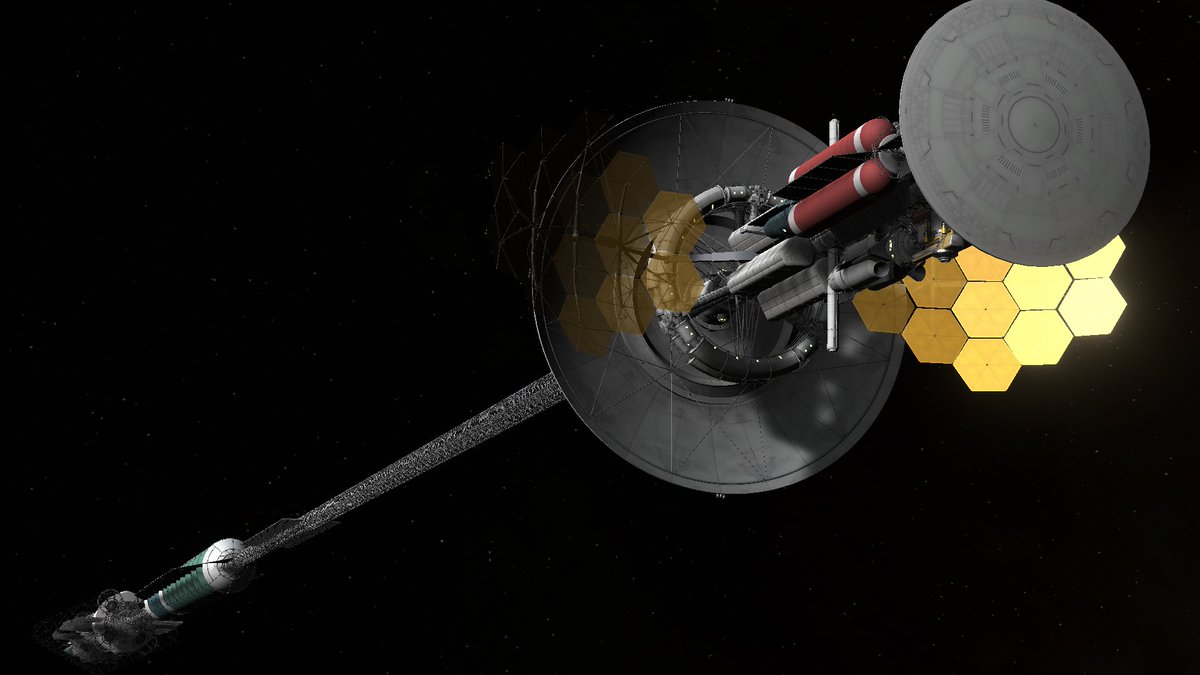 Tygget's tweet image. Say hello to the ISV Korpheus, the 784 part, 1.4km long interstellar colony ship from my latest KSP career save. It&apos;s got a cruising speed of 10% c and carries two torch ships, a pair of powerful landers, and everything needed to start a self-sustaining colony around another star