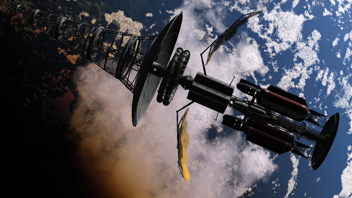 Tygget's tweet image. Say hello to the ISV Korpheus, the 784 part, 1.4km long interstellar colony ship from my latest KSP career save. It&apos;s got a cruising speed of 10% c and carries two torch ships, a pair of powerful landers, and everything needed to start a self-sustaining colony around another star