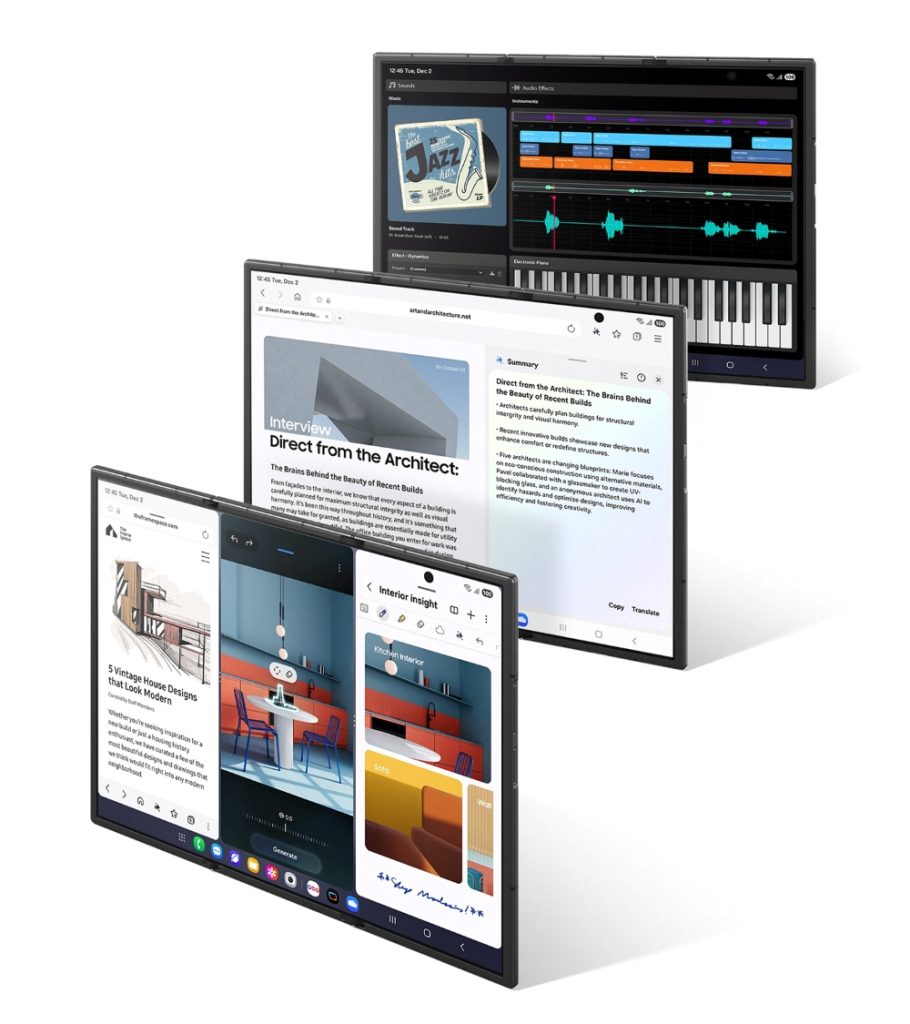 UniverseIce's tweet photo. Breaking news！
 Samsung has just unveiled its first inward-folding tri-fold device: Galaxy Z TriFold.
It measures only 3.9 mm when unfolded and 12.9 mm when folded, weighing 309 grams.
The outer display is 6.5 inches and the inner display reaches 10.0 inches.
Camera setup: 12 MP ultra-wide, 200 MP main, and 10 MP telephoto, the same configuration as the Fold7.
It features a 5600 mAh battery, 45 W charging, and the Snapdragon 8 Elite for Galaxy processor.
The only available color is Refined Black.