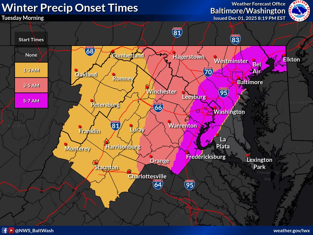 NWS_BaltWash's tweet photo. Winter Weather Advisories remain in effect for areas highlighted in purple (first graphic) along with the wintry precipitation onset and ending times. A wintry mix is expected for areas generally west of I-95. Please visit https://t.co/ZOlvEShgSf for more details. https://t.co/Du9ouwWp27
