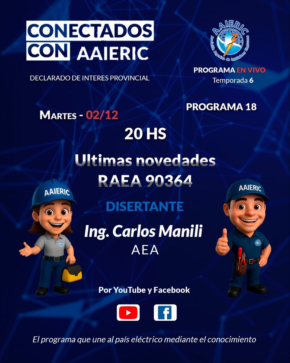 Conectados con AAIERIC
Con Ing. Carlos Manili de AEA
Martes 2/12/2025 20 hs, miranos y comentá en vivo por el Canal de YouTube y en el Facebook de AAIERIC!!!!
Para verlo en Youtube: 
youtube.com/watch?v=w4gdCh…
Para verlo en Facebook:
facebook.com/events/1782571…