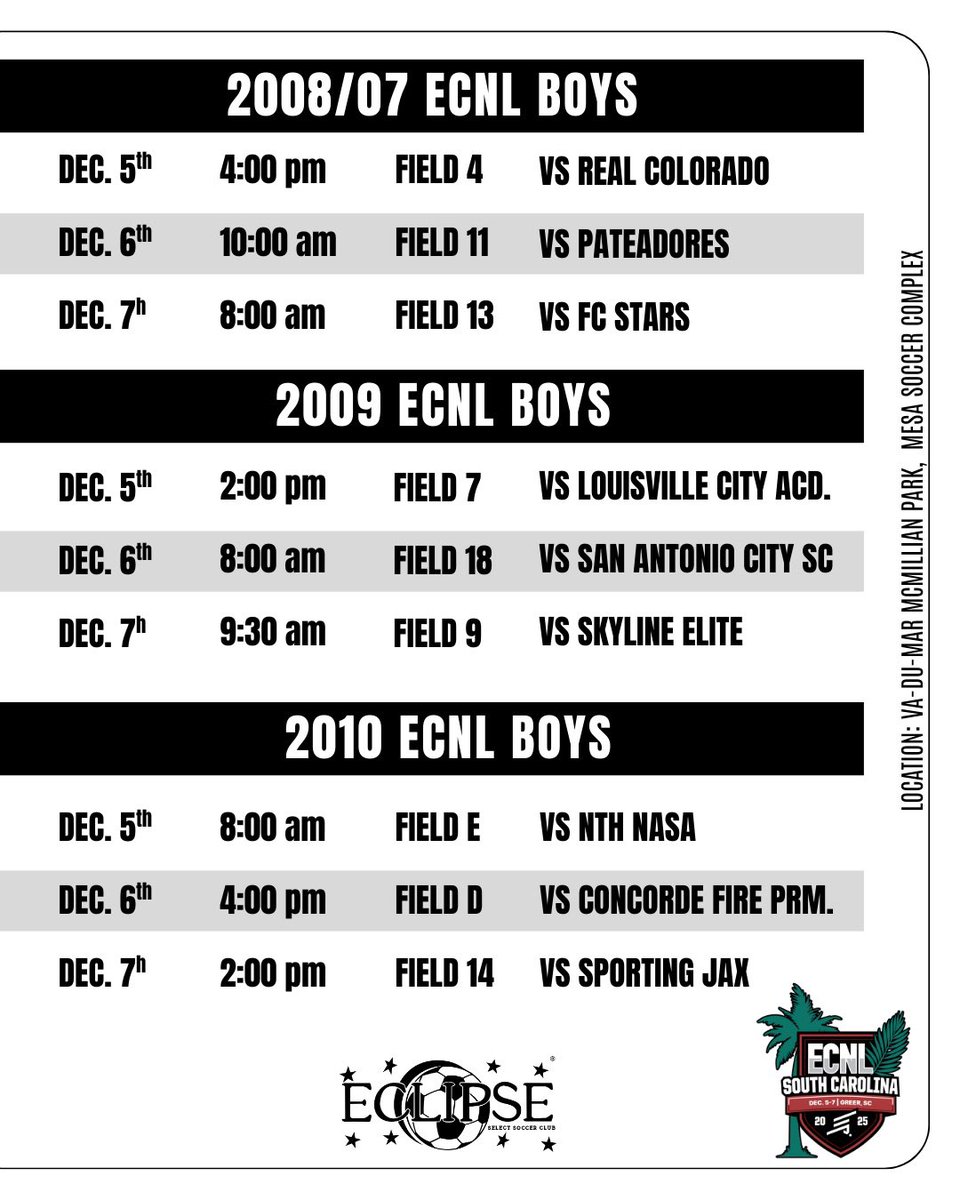 EclipseSelectSC's tweet image. The Eclipse Select SC ECNL Boys are BACK and starting off in Greer, SC. at the @ecnlboys showcase this upcoming weekend! 

▪️ Attending: 2008/07 ECNL Boys, 2009 ECNL Boys, 2010 ECNL Boys
🔜 Check out their schedules 

#TheEclipseNation | #ecnlboys #theecnl