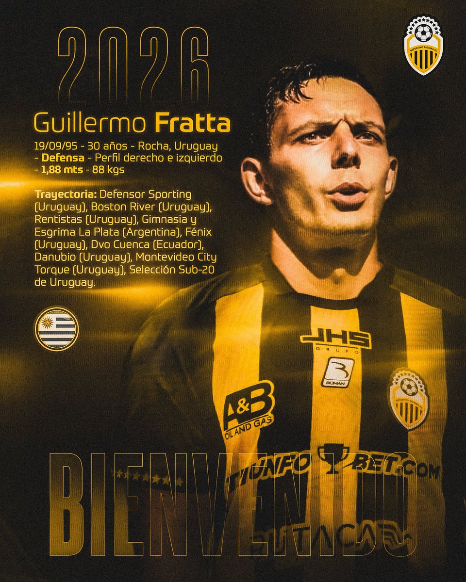 El central uruguayo, Guillermo Fratta, impondrá su garra charrúa para blindar la defensa del AURINEGRO 🦾🔥

BIENVENIDO a nuestra familia, juntos seguiremos escribiendo la HISTORIA del Más Grande de Venezuela 🤜🤛

Guillermo Fratta Cabrera ✍️ 2026

#VamosTáchira 💛🖤