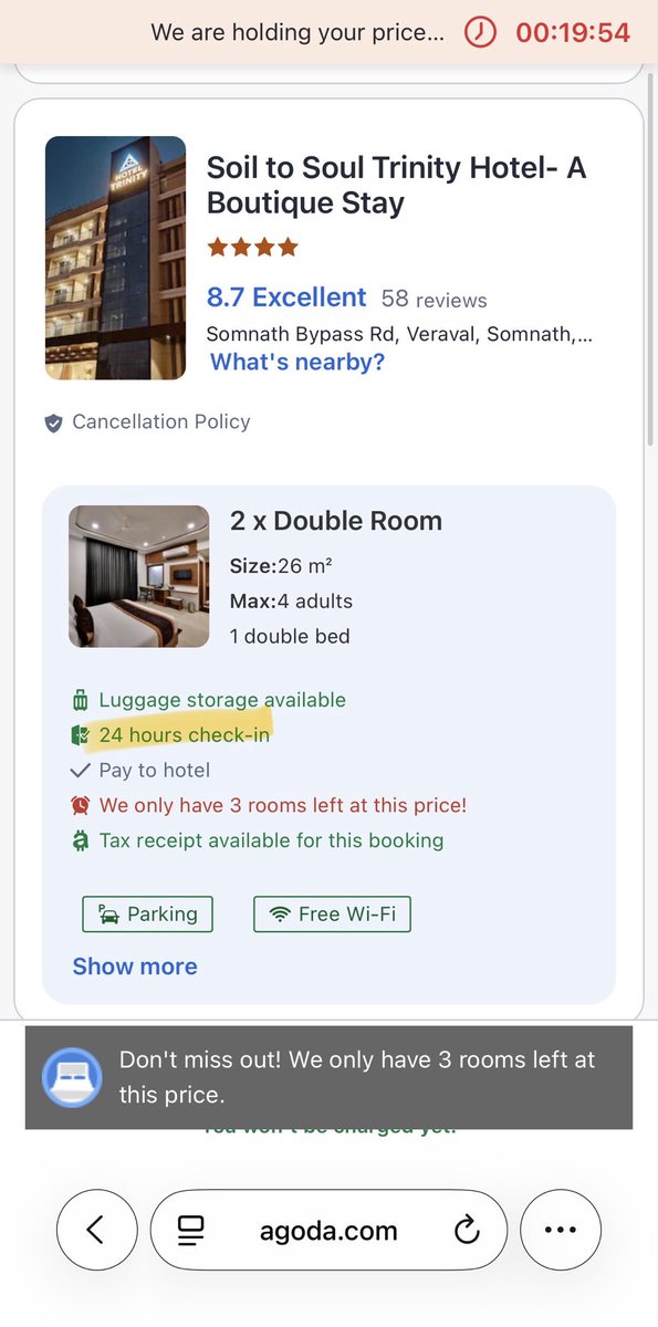 akshiiispeaks's tweet photo. @agoda @agodaindia Need urgent help.

Booked Hotel Trinity Soil to Soul, Somnath (2–3 Dec, 2 deluxe rooms). Listing said 24-hr check-in, but hotel denied check-in at 6:45 AM and demanded ₹2000 extra.
Your chat support isn’t helping. Please resolve.#Agoda #CustomerSupportFail https://t.co/fXntMs7X5l