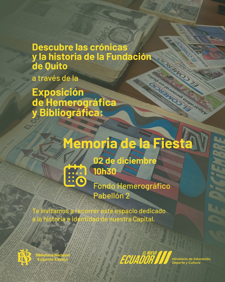 Descubre la historia de Quito a través de sus crónicas.📰🗞️

Presentamos la muestra hemerográfica y bibliográfica: "Memoria de la fiesta" que reúne relatos y registros sobre la Fundación de la ciudad.

🗓️02 diciembre 
🕐 10h30
📍Fondo Hemerográfico, Pabellón 2