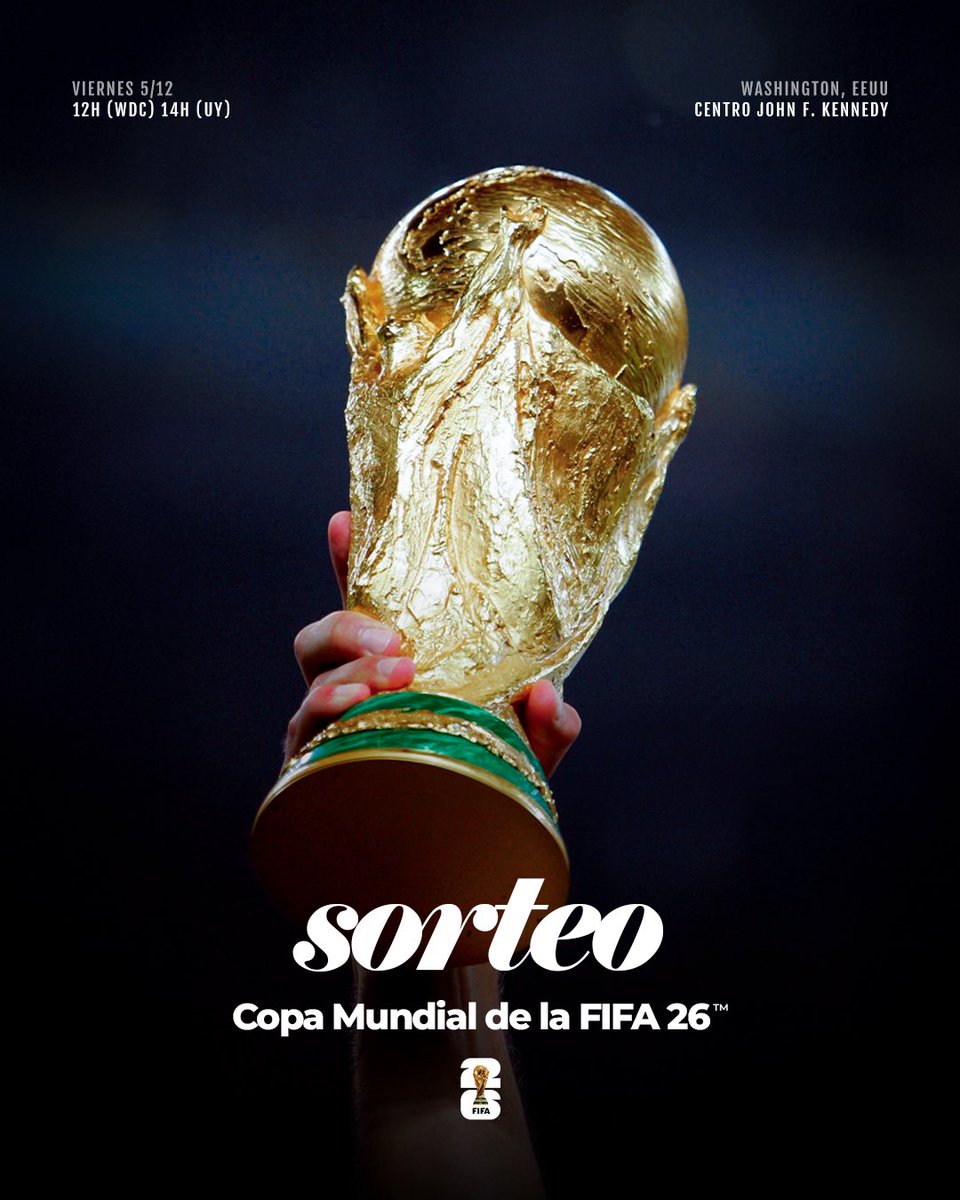 BachsMartin's tweet photo. LOS #BOMBOS DEL MUNDIAL: EL VIERNES EL SORTEO EN WASHINGTON, #URUGUAY ESPERA EXPECTANTE POR CONOCER RIVALES EN FASE DE GRUPOS
El sorteo del Mundial 2026 se celebrará en Washington (USA) el próximo viernes a las 14:00 (hora #uy). Ya se conocen 42 de las 48 selecciones participantes. Los otros 6 se definirán por Repechajes europeo e Intercontinental.
BOMBO 1:
México
Canadá
Estados Unidos
España
Argentina
Francia
Inglaterra
Brasil
Portugal
Países Bajos (Holanda)
Bélgica
Alemania
BOMBO 2:
Croacia
Marruecos
Colombia
@Uruguay
Suiza
Japón
Senegal
Irán
Corea del Sur
Ecuador
Austria
Australia
BOMBO 3:
Noruega
Panamá
Egipto
Argelia
Escocia
Paraguay
Túnez
Costa de Marfil
Uzbekistán
Qatar
Arabia Saudita
Sudáfrica
BOMBO 4:
Jordania
Cabo Verde
Ghana
Curazao
Haití
Nueva Zelanda
Repechaje Europeo (4):
Italia/ Irlanda del Norte/ Gales/ Bosnia y Herzegovina
Ucrania/ Suecia/ Polonia/ Albania
Turquía/ Rumania/ Eslovaquia/ Kosovo
Dinamarca/ Macedonia del Norte/ República
Checa/ Irlanda
Repechaje Intercontinental (2):
RD Congo/ Nueva Caledonia/ Jamaica
Irak/ Bolivia/ Surinam