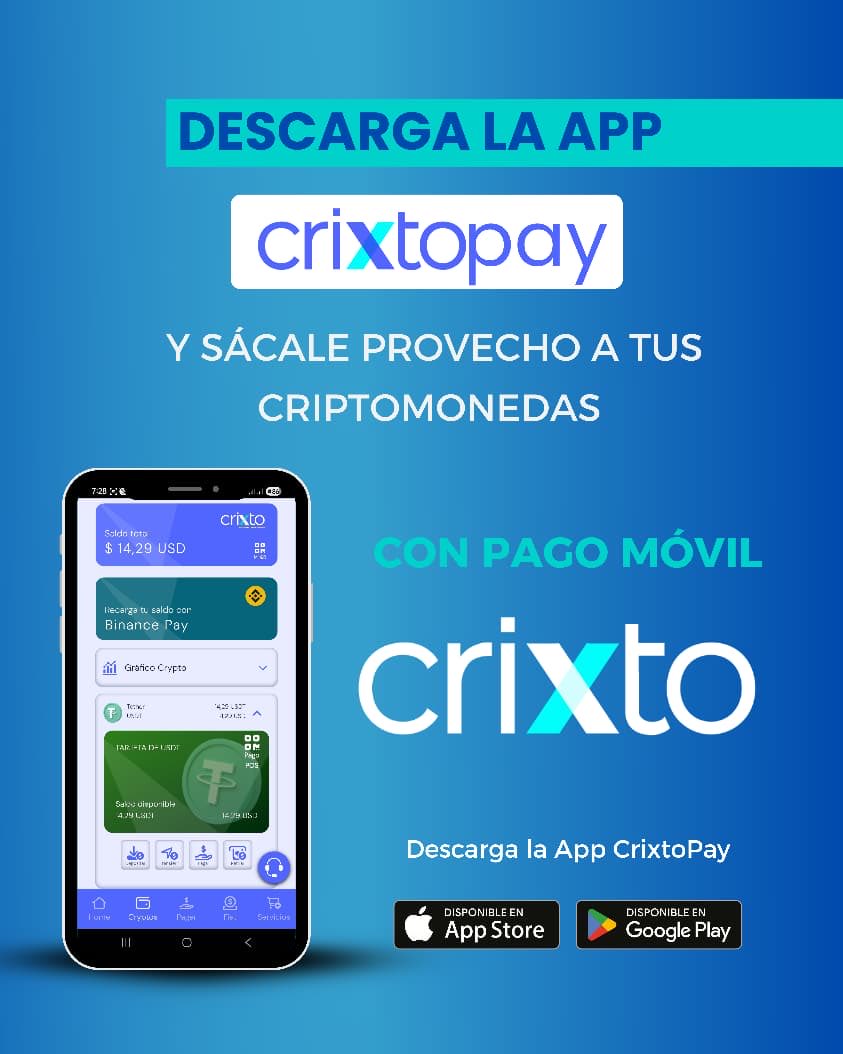 Sácale provecho a tus criptomonedas con Pago Móvil CRIXTO.

Descarga la App Crixto Pay en tu Play Store o App Store.

Y descubre los beneficios de pagar con criptos estables convertidas a Bs. en cualquier comercio de Venezuela.
