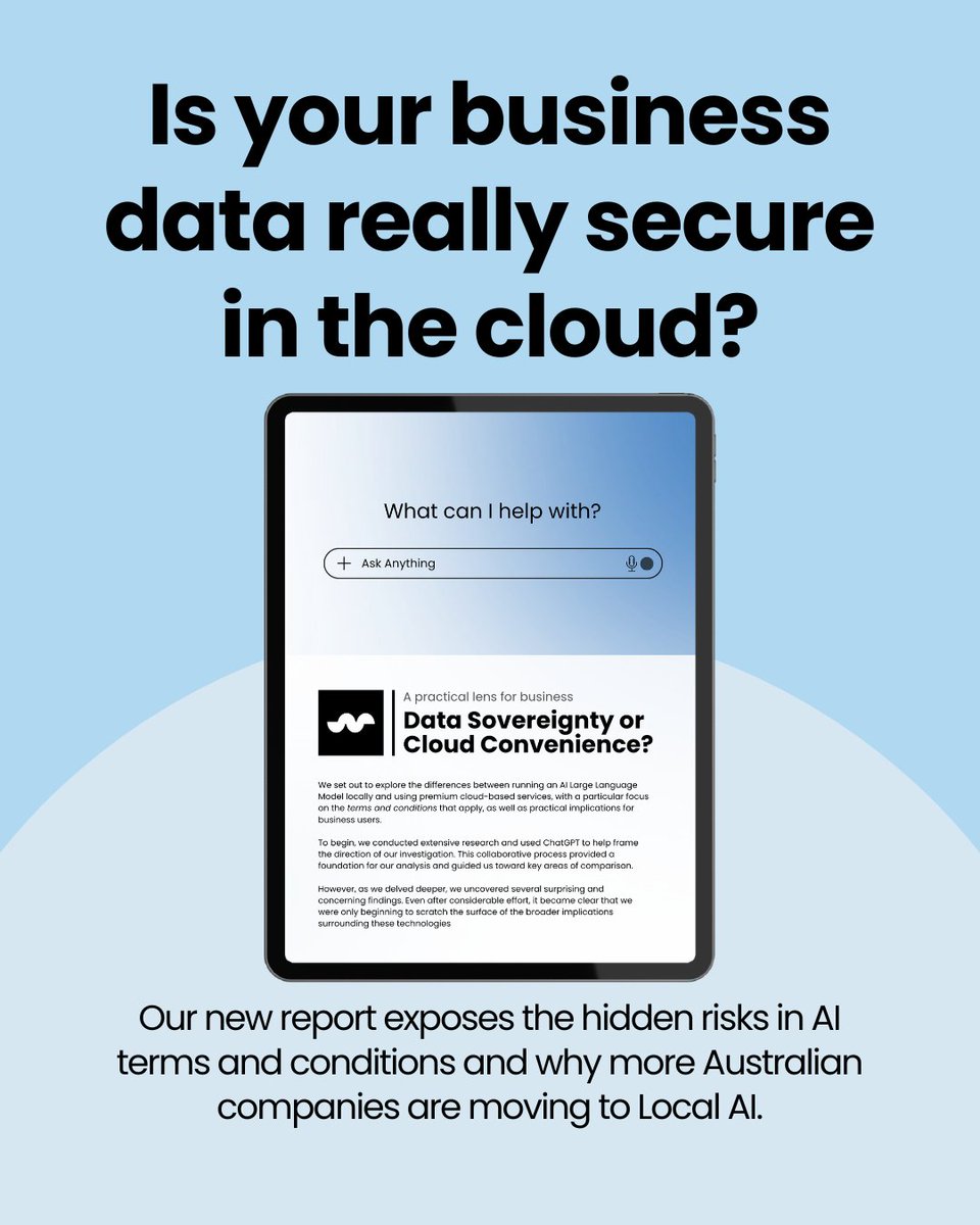 WorkingMouse_'s tweet image. Think your AI data’s safe in the cloud? Think again. 

Discover how to protect your business and stay compliant in our new guide: Data Sovereignty or Cloud Convenience?

 #LocalAI #CyberSecurity #WorkingMouse