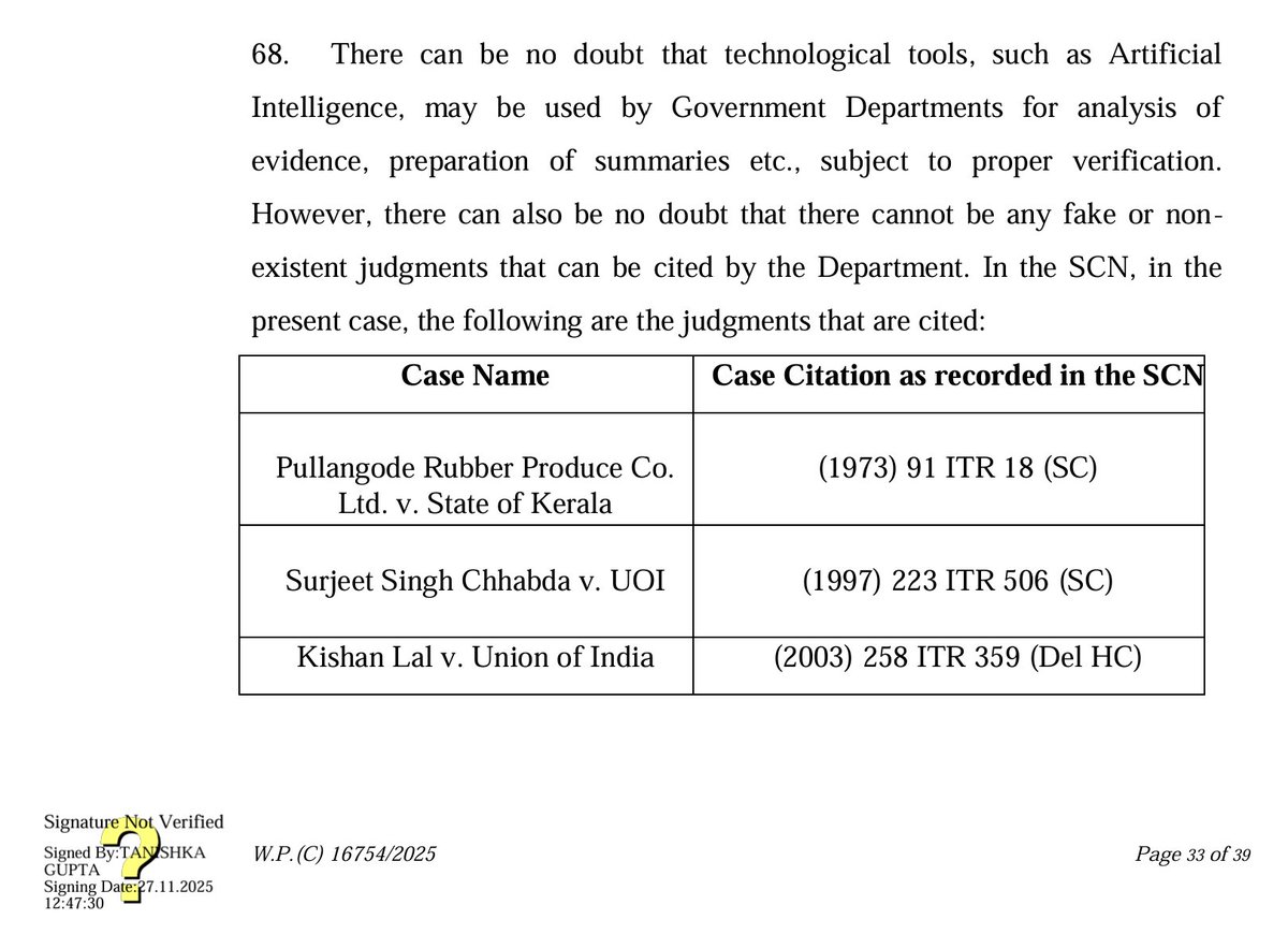 abhishekrajaram's tweet photo. The Delhi GST Department was caught using fake case laws and judgments by the Delhi High Court. The High Court cautioned on the use of technological tools, such as Artificial Intelligence for analysis of evidence, preparation of summaries etc., subject to proper verification.

This case was argued by Adv. (CA) JK Mittal Sir.