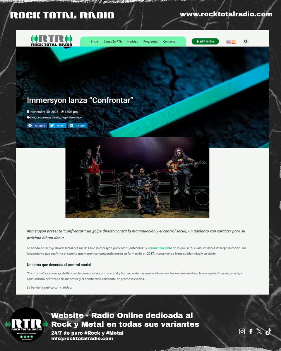 Immersyon lanza CONFRONTAR la banda chilena de Heavy/Thrash Metal vuelve con un single que encara sin rodeos la manipulación y el control social. 
rocktotalradio.com/immersyon-conf…
#Confrontar #HeavyMetal #ThrashMetal #MetalChileno #MetalSur #RockLatino #RockMetal #NuevoSingle #EscenaMetal
