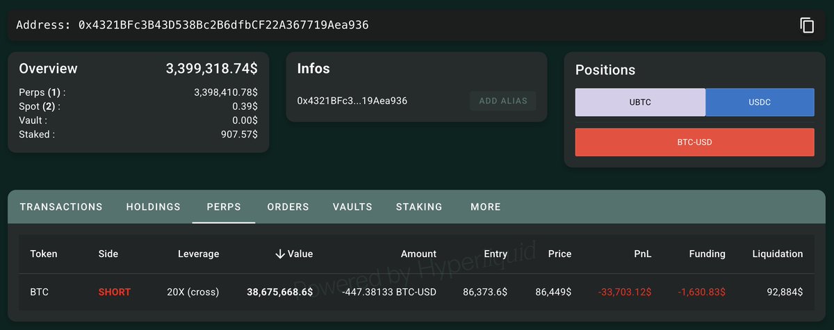Binance futures dashboard showing BTC-USD short position overview