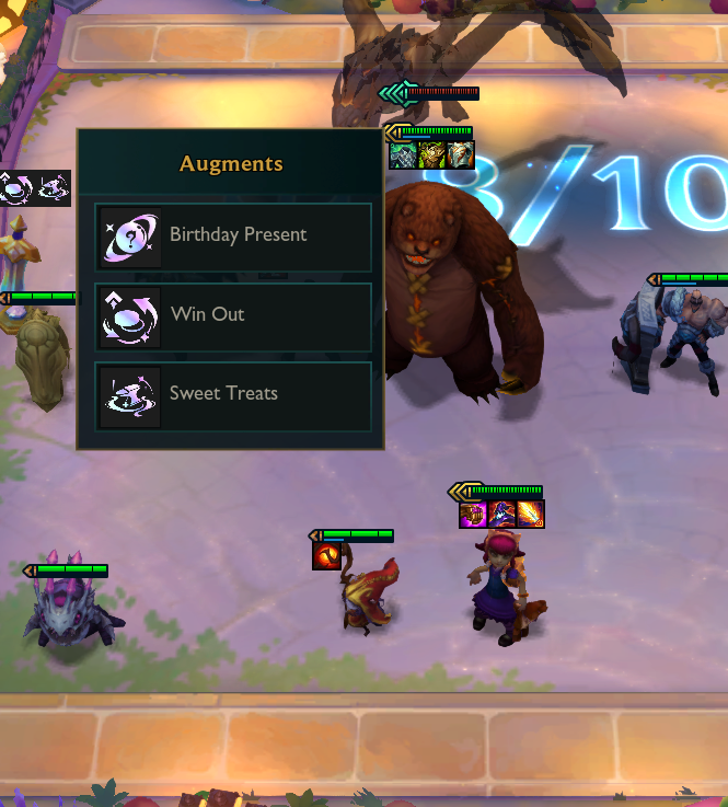 Parthurnax8's tweet photo. @Mortdog I got offered this augment combo and I got double birthday present annie. Did I just use all my luck for the set or is it supposed to give me the same 5 cost when going from 8-10? https://t.co/trrIKRSfYU