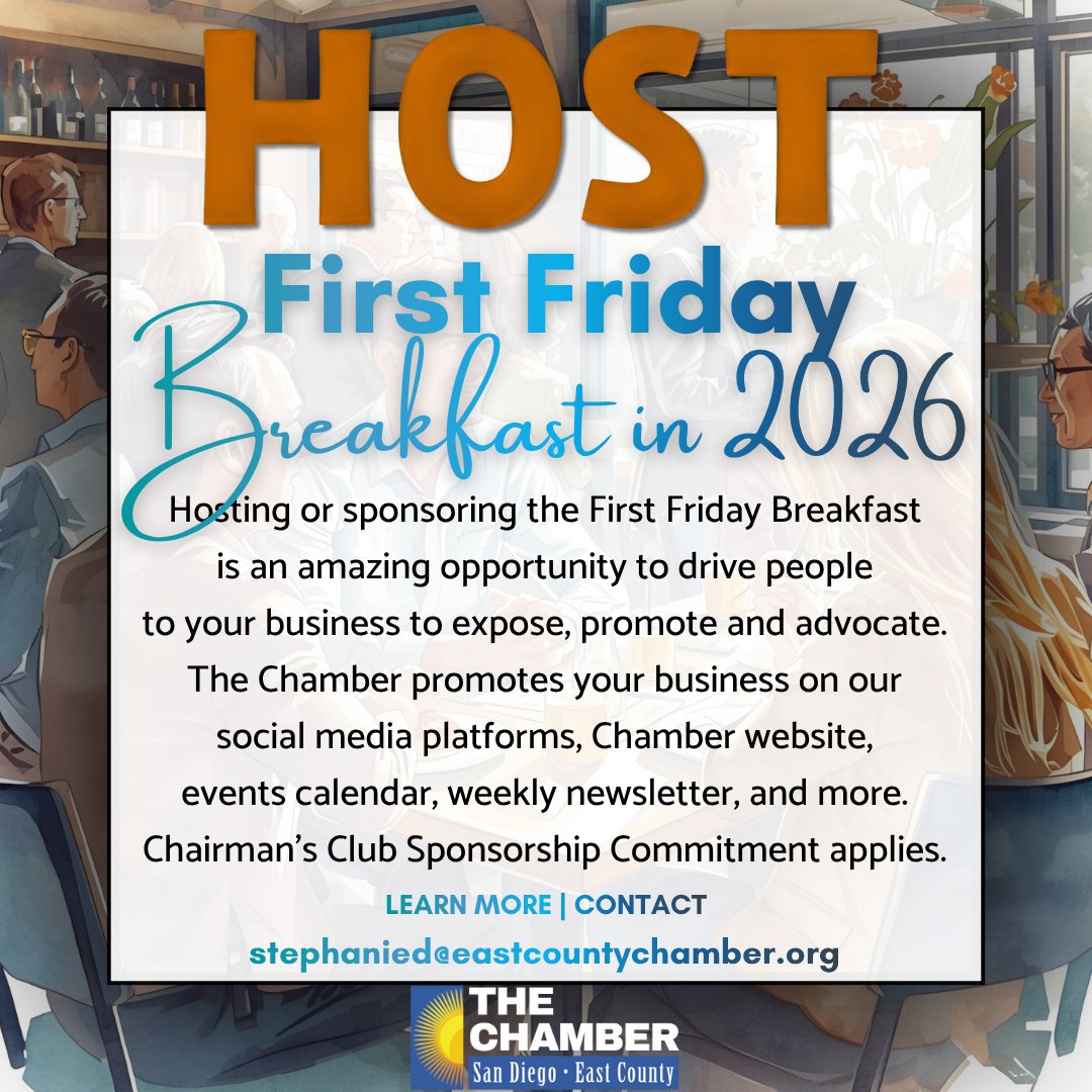sdeccc's tweet image. 🥞☀️ Host a 2026 First Friday Breakfast! ☀️🥞

The San Diego Regional East County Chamber of Commerce is now accepting hosts for our 2026 First Friday Breakfast Series — one of our most popular monthly networking events!

As a host, your business will:
✨ Gain valuable visibility…