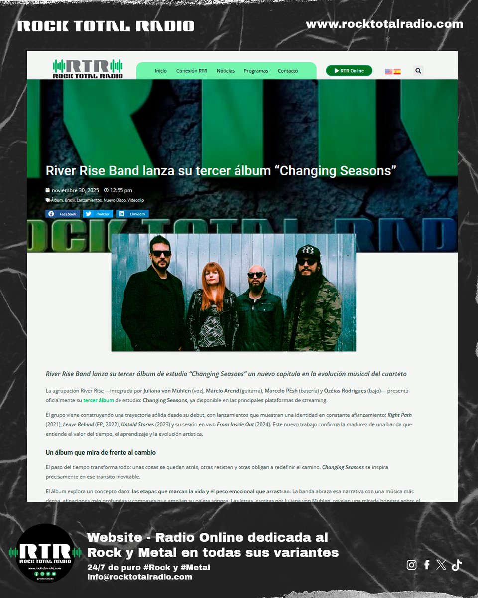 🔥 River Rise Band presenta “Changing Seasons”, un álbum cargado de fuerza, evolución y profundidad emocional.
🎧Ya disponible en todas las plataformas.
rocktotalradio.com/river-rise-ban…
#RiverRiseBand #ChangingSeasons #RockTotalRadio #NuevoÁlbum #RockProgresivo #RockMetal #NewMusicRelease