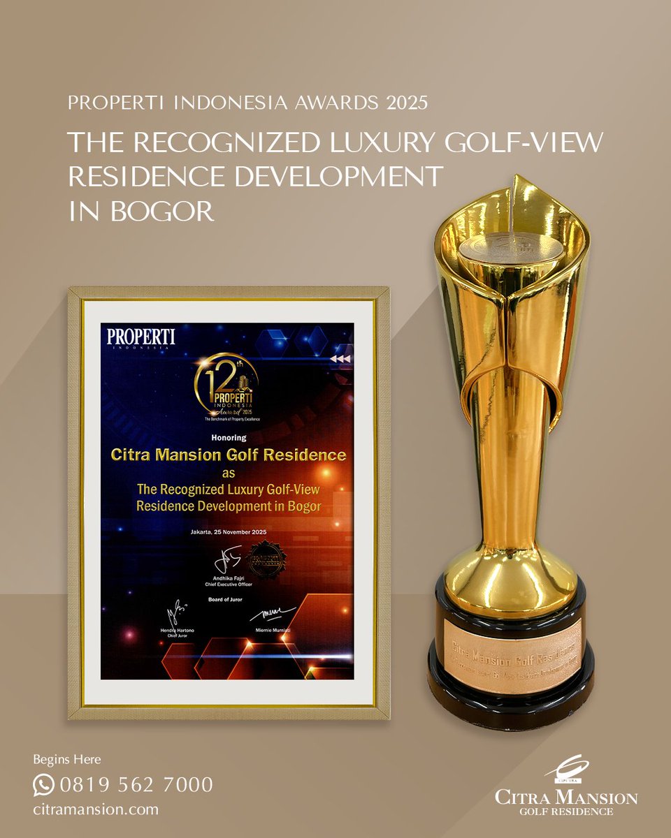 CitraCityS's tweet photo. Citra Mansion - Golf Residence is proud to receive the award for The Recognized Luxury Golf-View Residence Development in Bogor at the Properti Indonesia Awards 2025.
Experience a true resort lifestyle only at Citra Mansion Golf Residence - Live Beyond
#Ciputra #CitraMansion https://t.co/IrFgMkTjhJ