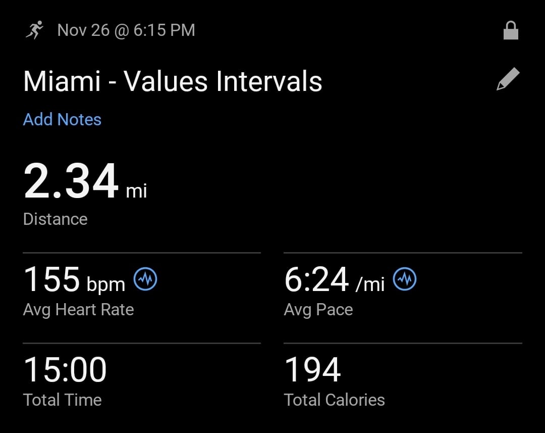 valuesplayer's tweet photo. (11.26 Brickell heartbeat run session)

🏆 Thanksgiving eve run complete! 

🥵 humid night that felt very hot once i got going, probably didn't help i came out even faster than usual. Time was "slow," but just a few weeks ago that would've been fast. Thus the pendulum swings and spirals up....

Lot of the team absent. And those that were present were hurting from holiday fun 😂 

Will have to rally in december 🔥