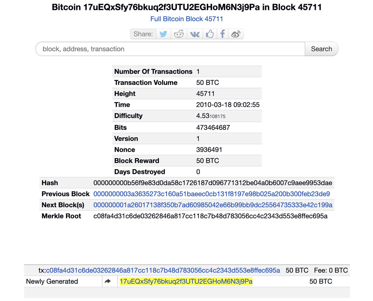 2010 年挖出 50 BTC 奖励的详细比特币区块浏览器数据